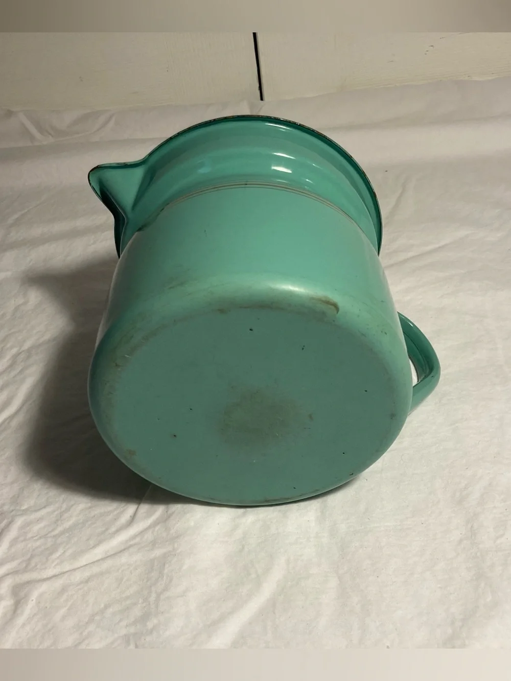 Vintage enamelware pitcher in pale aqua thin gold stripes white interior
